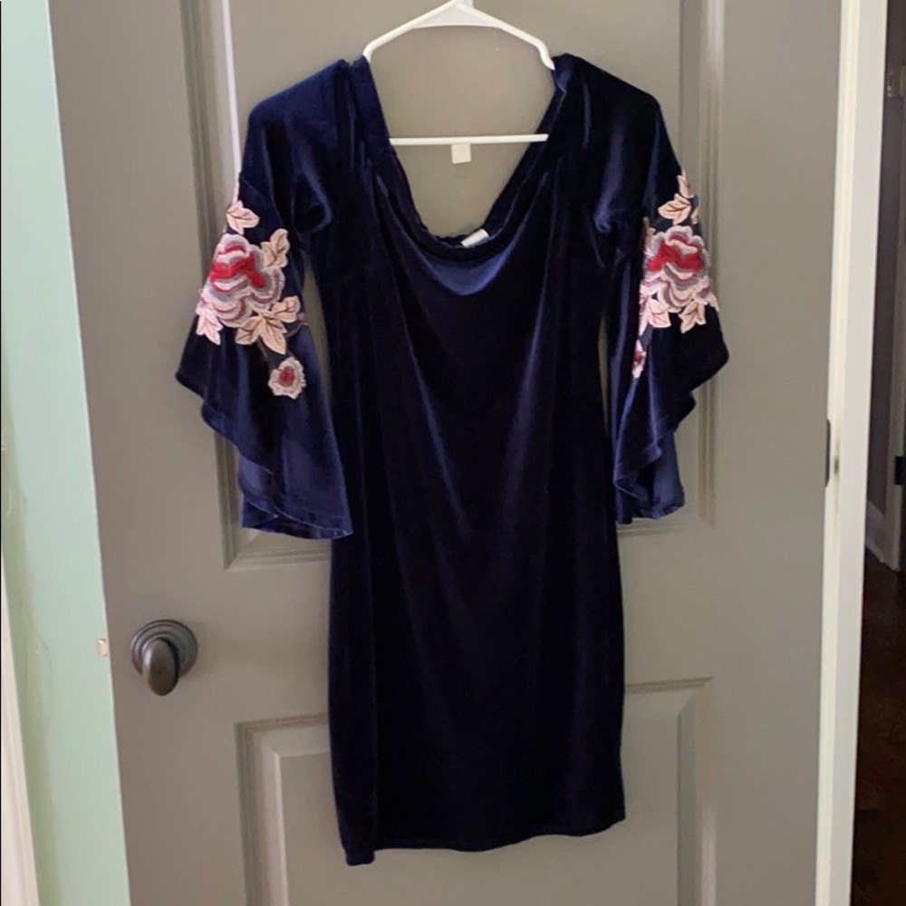 embroidered velvet off shoulder mini dress NWOT